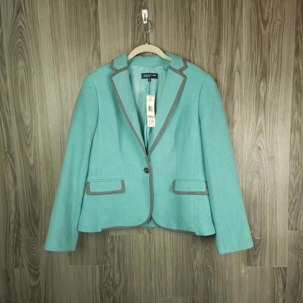 Jones‎ New York Signature Green Gem Heather Wool Blend Blazer Grey Trim Size 12